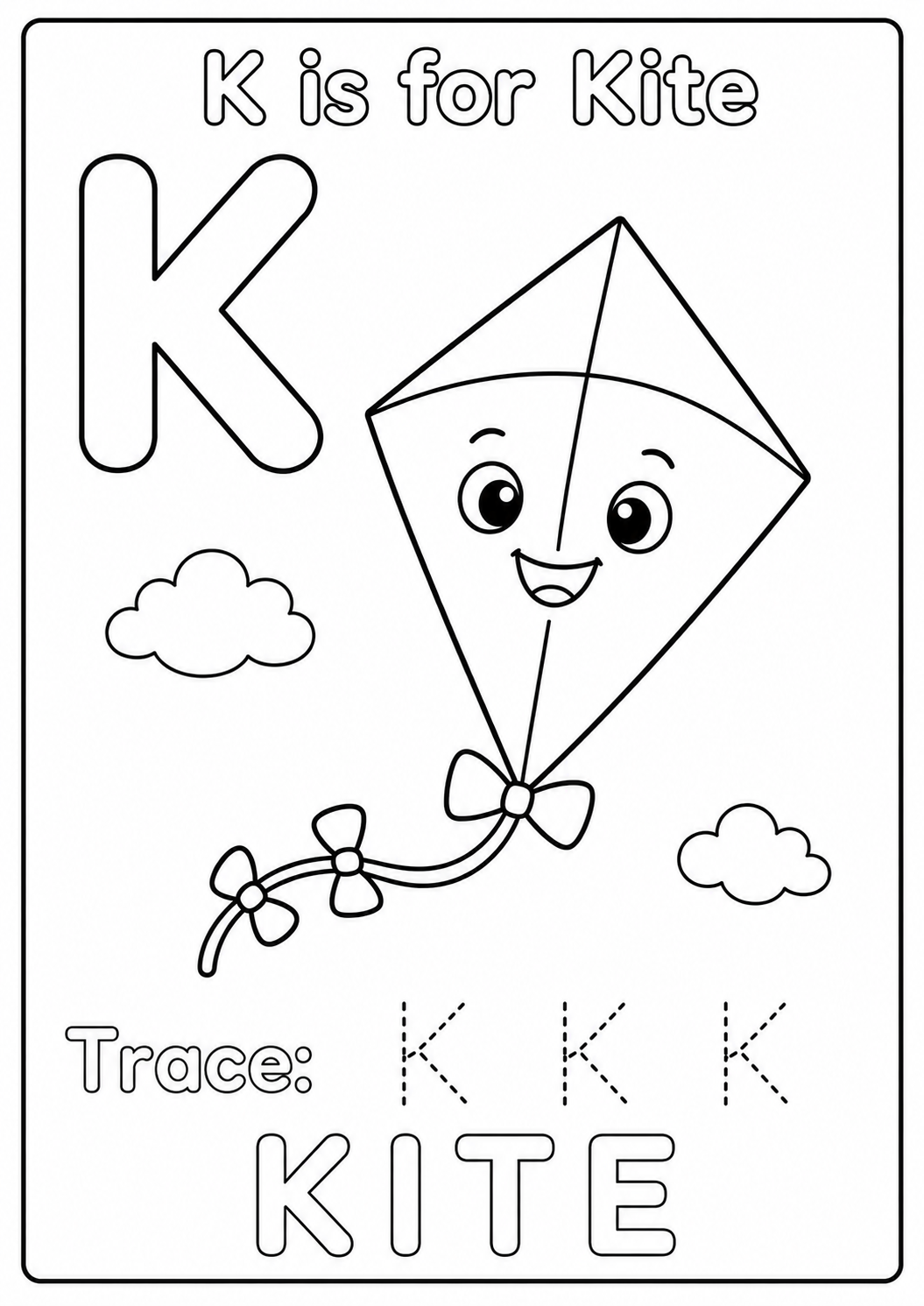 Color a diamond-shaped kite with a curved string and three bows while learning the uppercase letter K. Make every bow a different color.