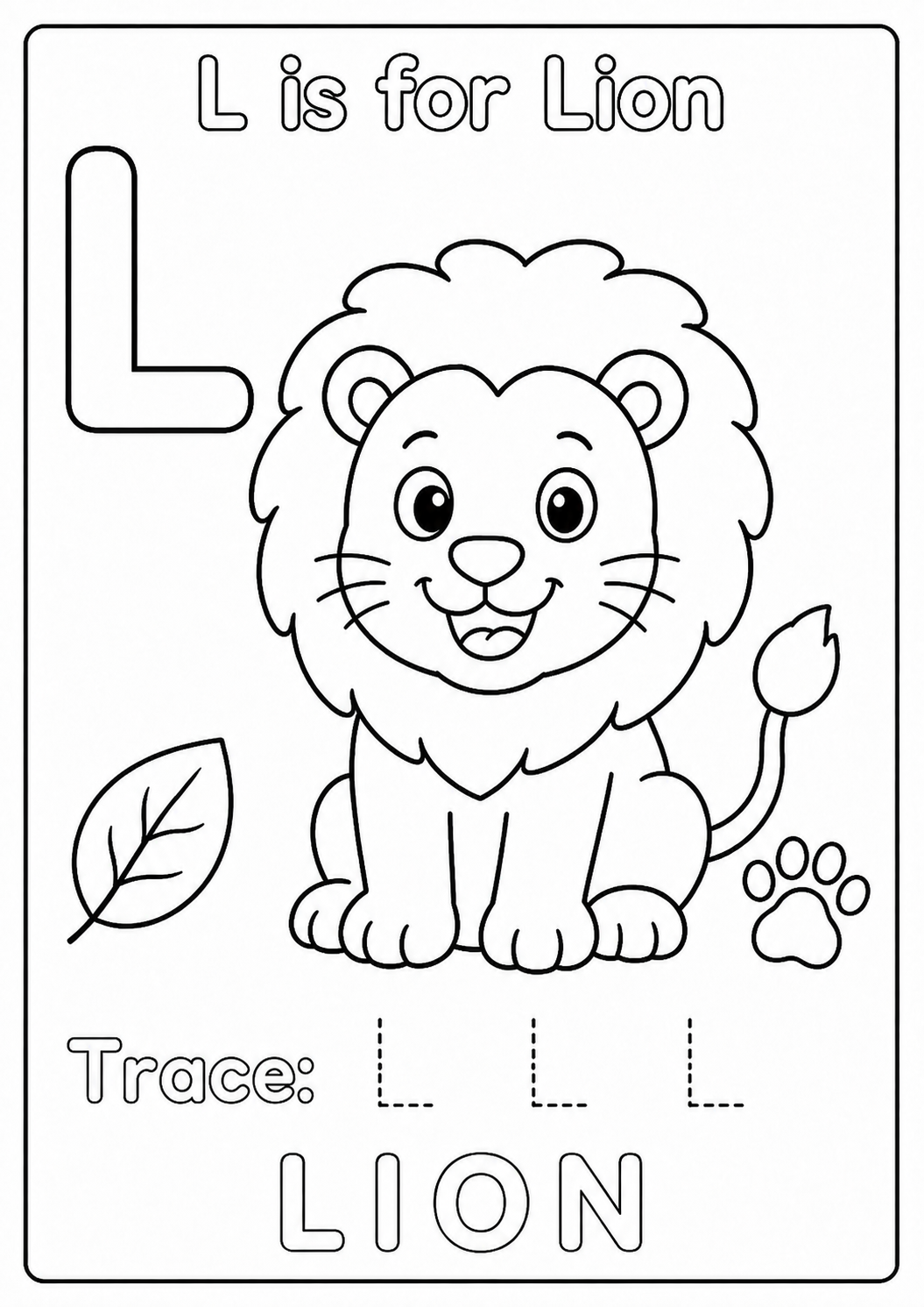Color a friendly seated lion with a rounded mane, simple paws and curved tail while learning the uppercase letter L. Roar like a friendly lion!