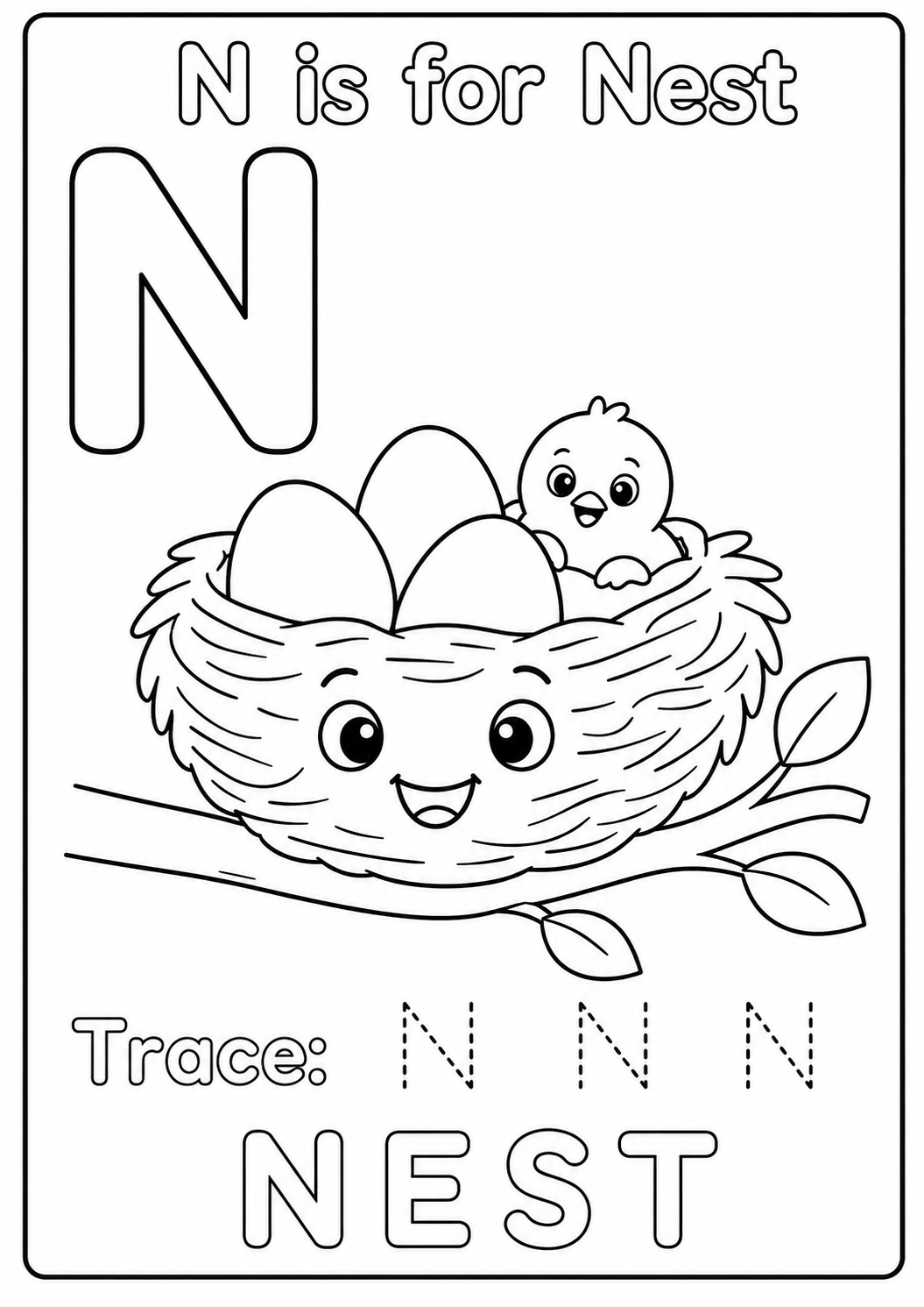 Color a smiling nest with three eggs and a baby bird on a leafy branch while learning the uppercase letter N. Trace N N N and color NEST.
