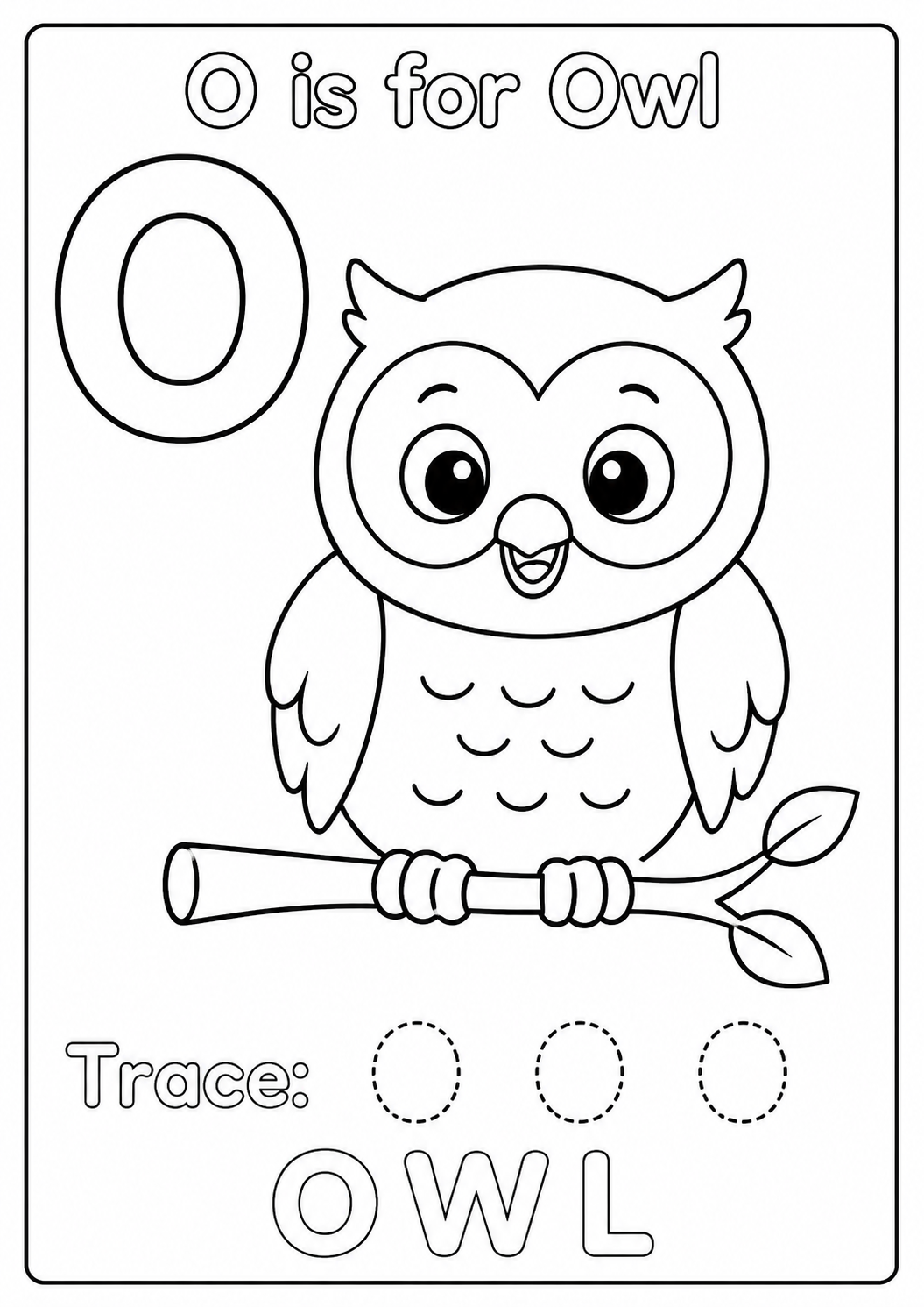 Color a friendly owl perched on a branch while learning the uppercase letter O. Trace O O O and point to the owl’s large round eyes.