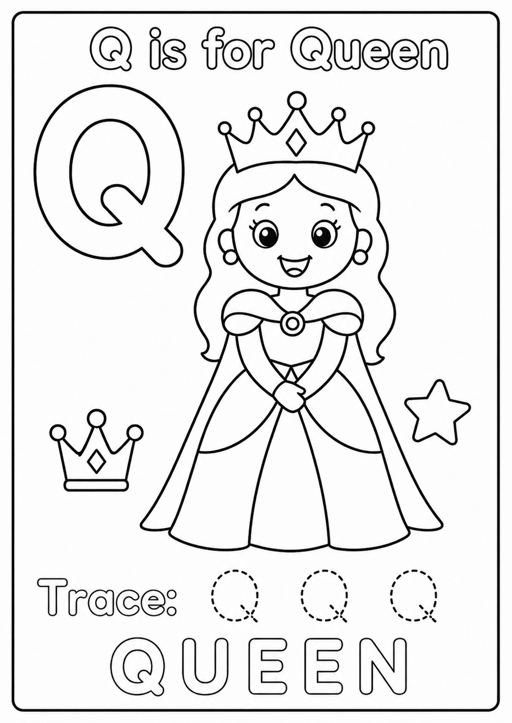 Color a smiling queen in her crown and gown while learning the uppercase letter Q. Trace Q Q Q and color the word QUEEN.