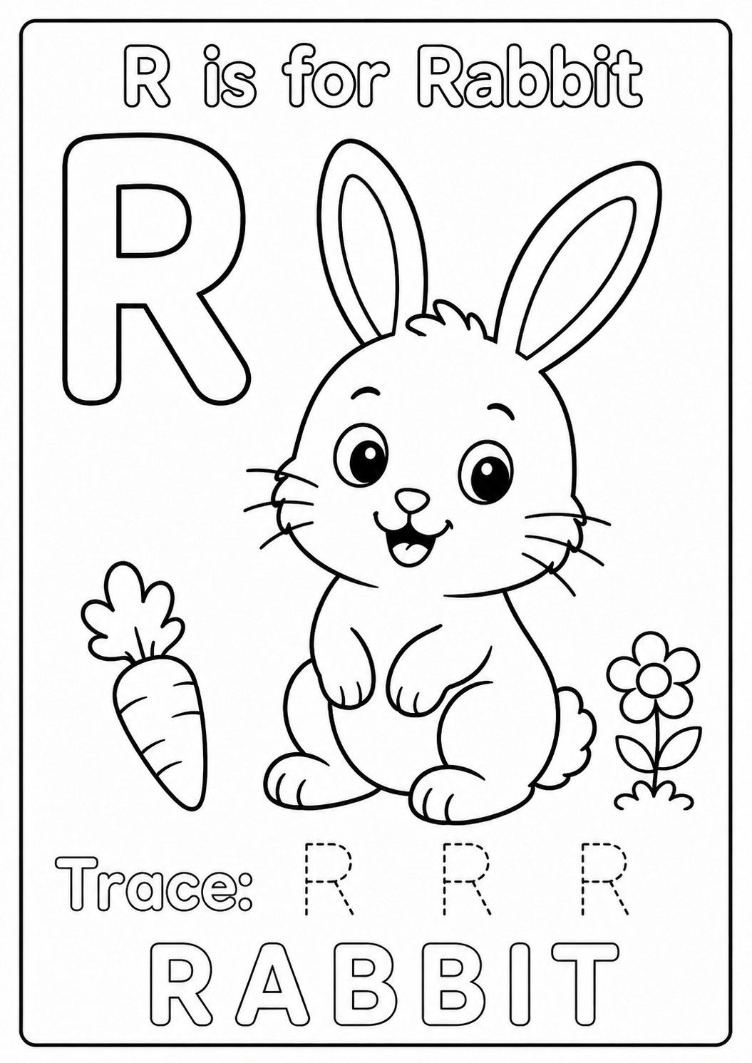 Color a seated rabbit with long ears, rounded feet and a fluffy tail while learning the uppercase letter R. Trace R R R and point to its ears.