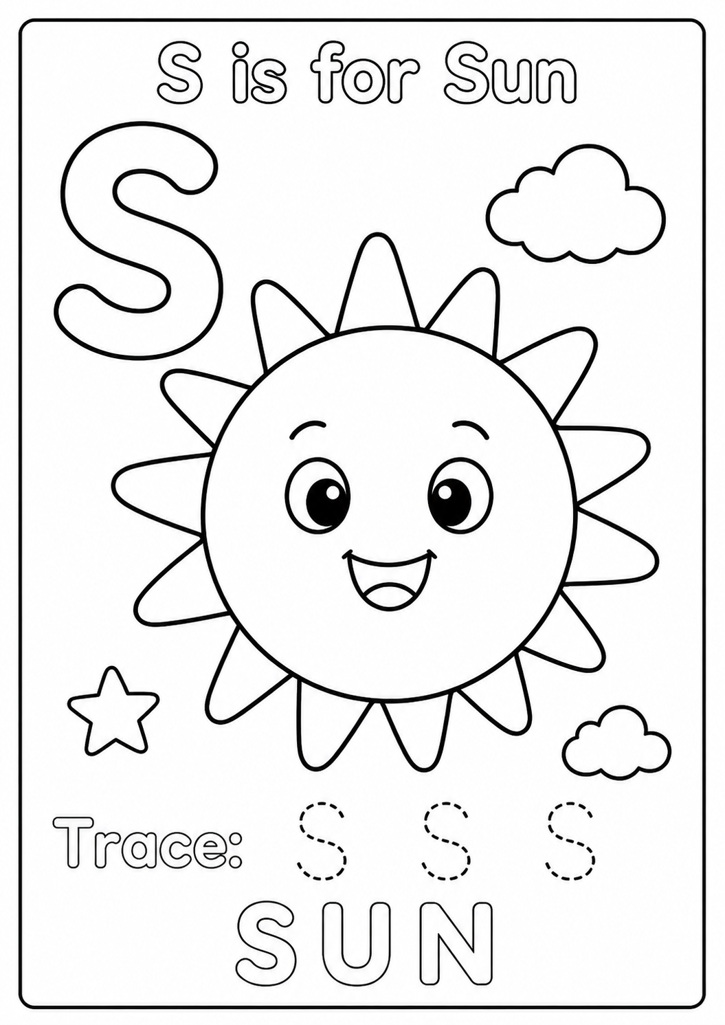 Color a large smiling sun with twelve thick rays while learning the uppercase letter S. Fill the sunny rays with your favorite bright colors.