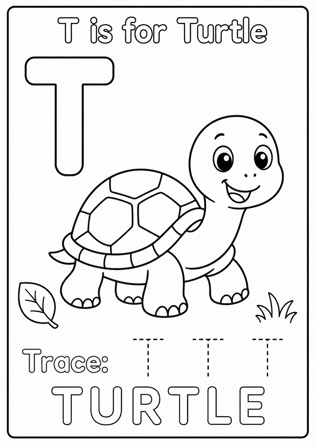 Color a friendly walking turtle with a five-section shell while learning the uppercase letter T. Count the turtle’s four feet as you color.