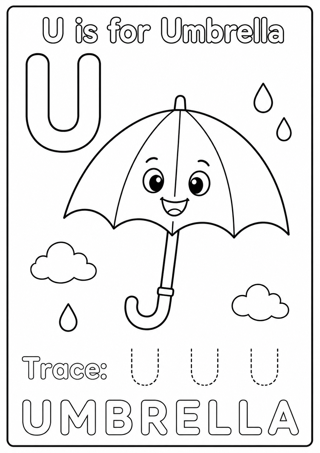 Color an open umbrella and three large raindrops while learning the uppercase letter U. Trace U U U, then count the raindrops.