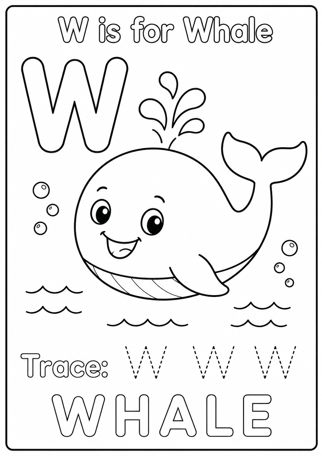 Color a friendly whale with a broad tail and playful water spout while learning the uppercase letter W. Practice saying w-w-whale as you color.