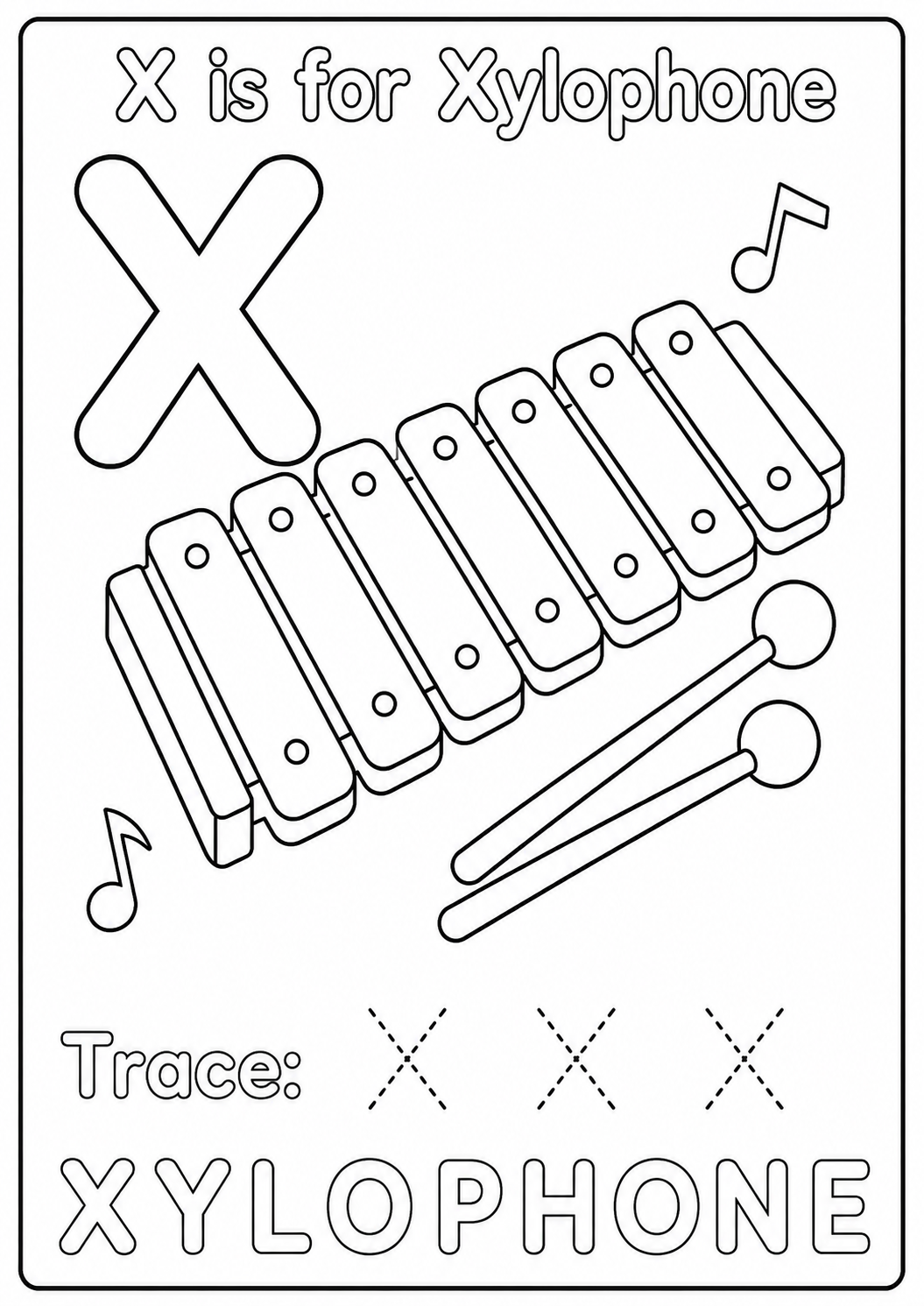 Color an eight-bar xylophone with two mallets and music notes while learning the uppercase letter X. Trace X X X and color XYLOPHONE.