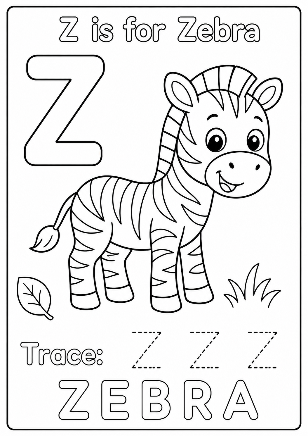 Color a cheerful striped zebra with a leaf and grass while learning the uppercase letter Z. Trace Z Z Z and color the word ZEBRA.
