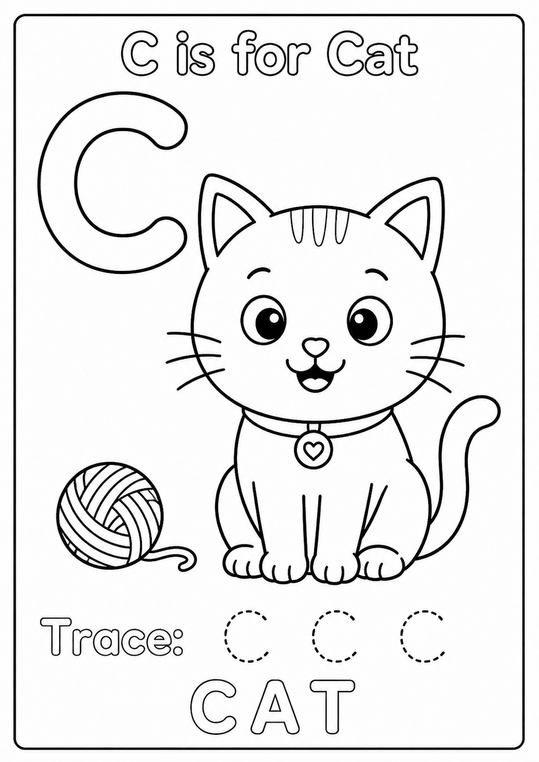 Color a friendly sitting cat while learning the uppercase letter C. Trace C C C, then have fun making the sound a cat makes.
