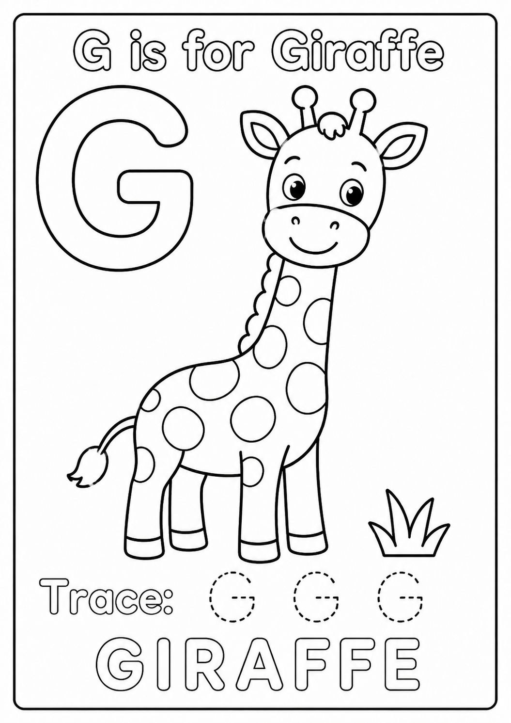 Color a cheerful long-necked giraffe and the grass beside it while learning the uppercase letter G. Trace G G G and color the word GIRAFFE.