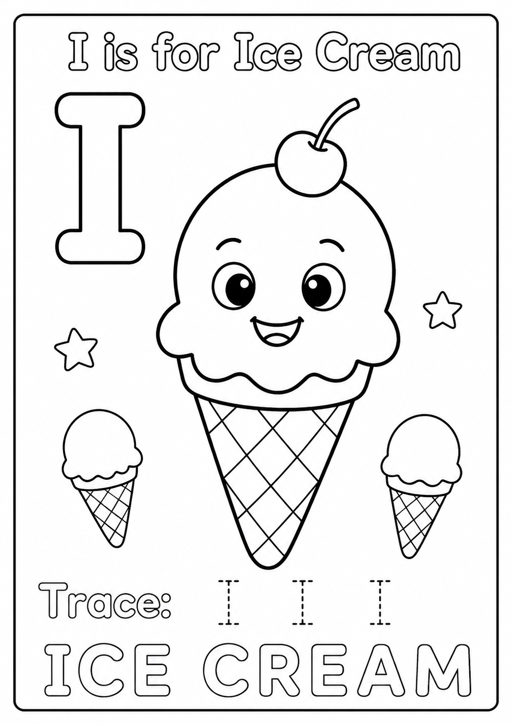 Color one large ice-cream cone with a cherry and two smaller cones while learning the uppercase letter I. Trace I I I and color ICE CREAM.