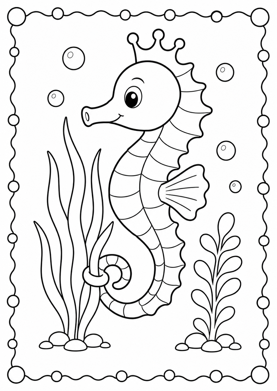Color two adorable sea otters floating together among underwater plants. This free printable ocean scene is a playful activity for children ages 3–8.