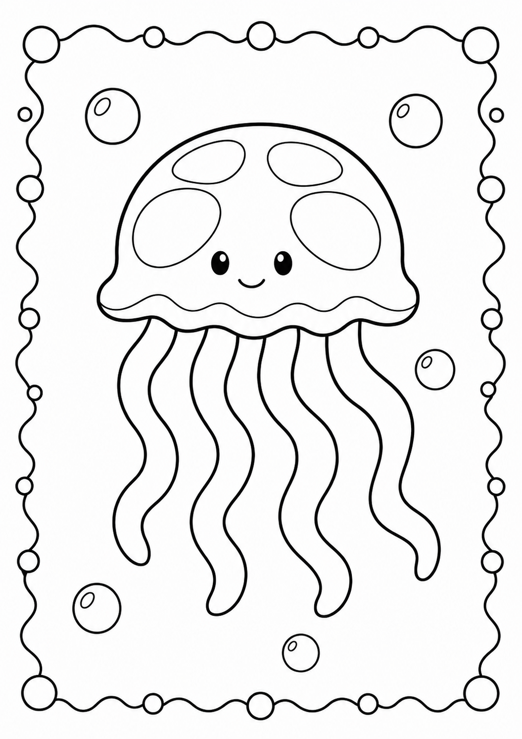 Color a friendly spotted jellyfish floating through a trail of underwater bubbles. Download this simple free printable sea-life page for children ages 3–8.