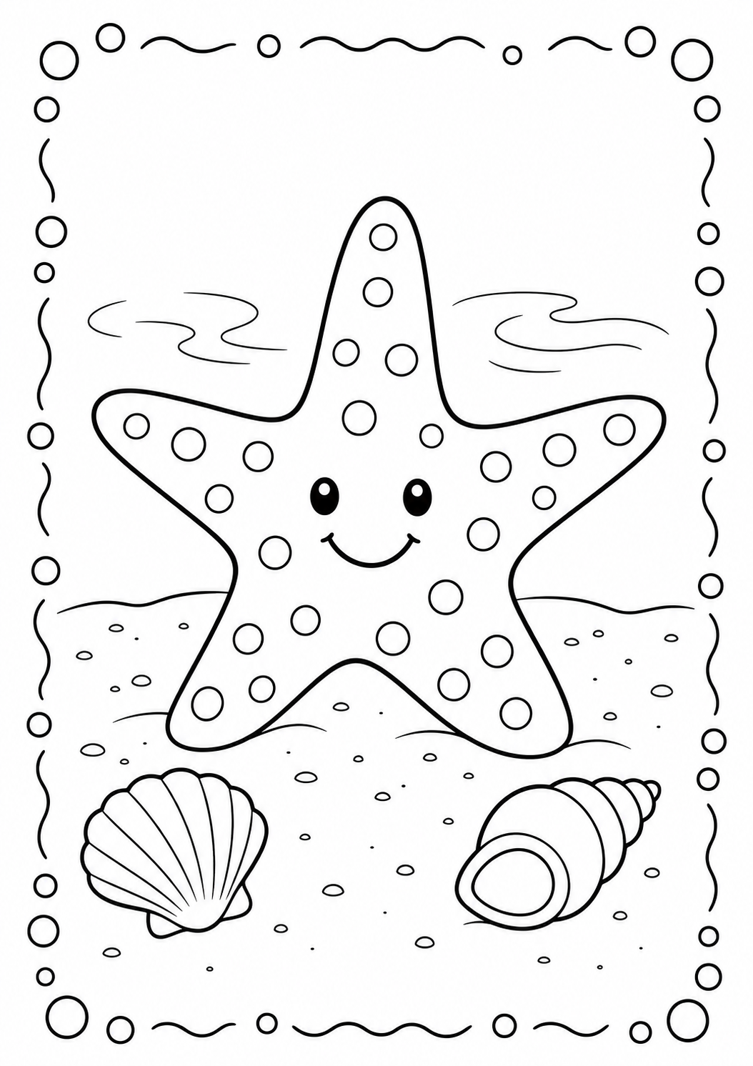 Color a smiling spotted starfish resting on the sandy ocean floor beside two shells. This free printable is an easy creative activity for ages 3–8.