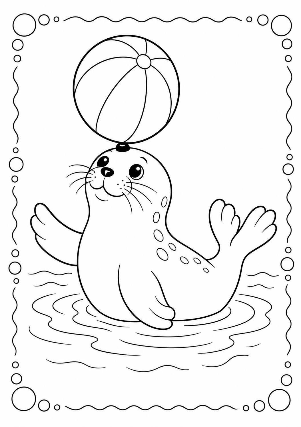 Color a playful seal balancing a striped beach ball on its nose while swimming. Download this cheerful free printable marine-animal page for ages 3–8.