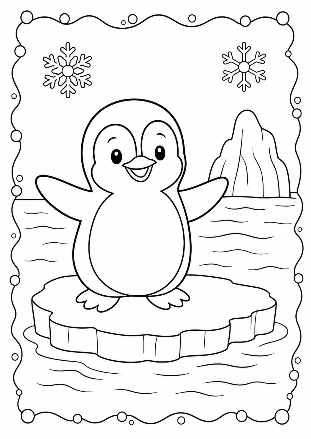 Color a cheerful penguin standing on a floating piece of ice near snowy mountains. This free printable polar-ocean scene is designed for ages 3–8.