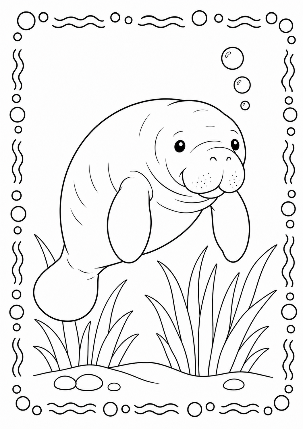 Color a gentle manatee swimming above sea grass and smooth ocean stones. Download this free printable marine-mammal coloring activity for kids ages 3–8.