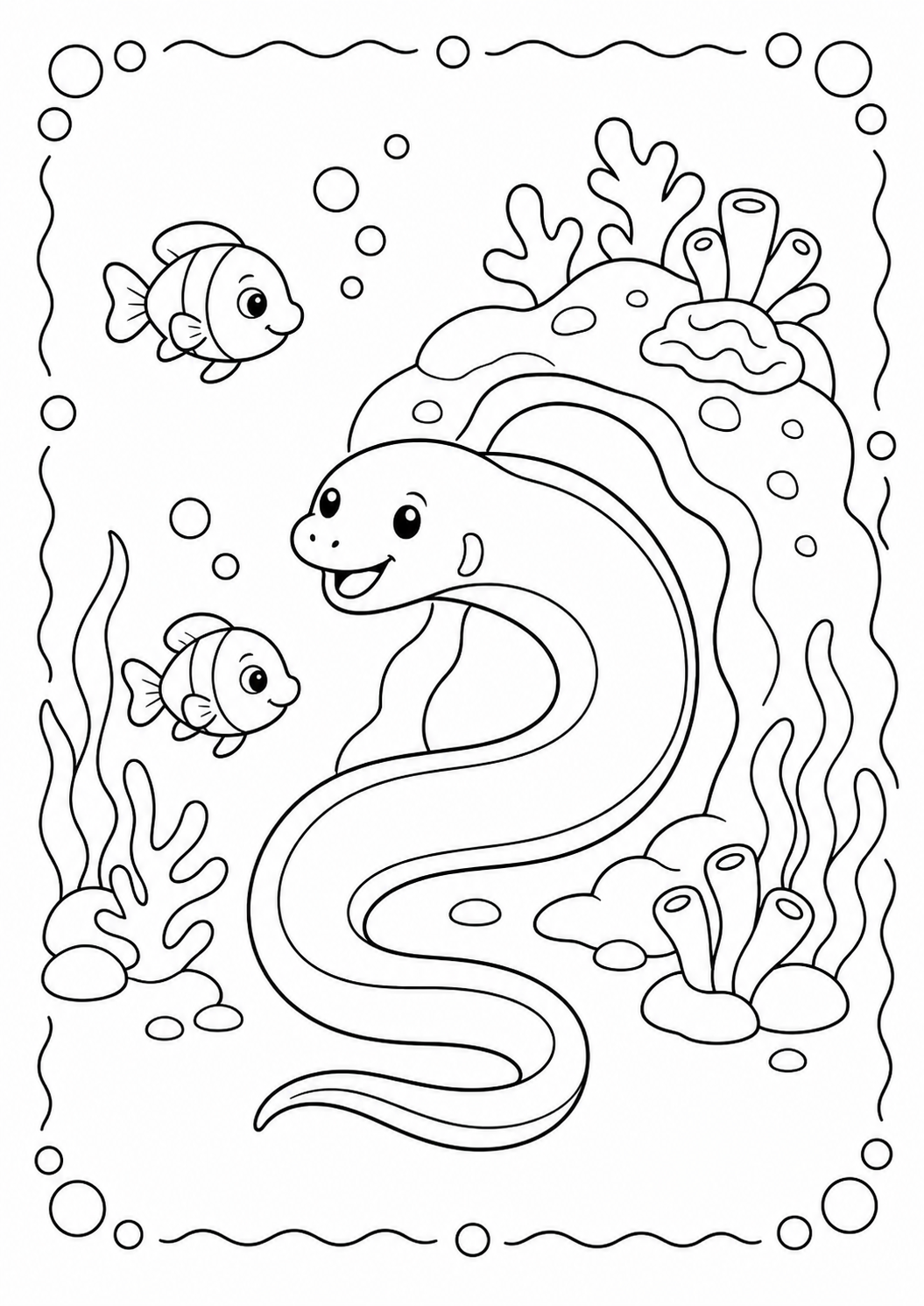 Color a friendly moray eel peeking from its reef home while two fish swim nearby. This free printable underwater scene is suitable for ages 3–8.
