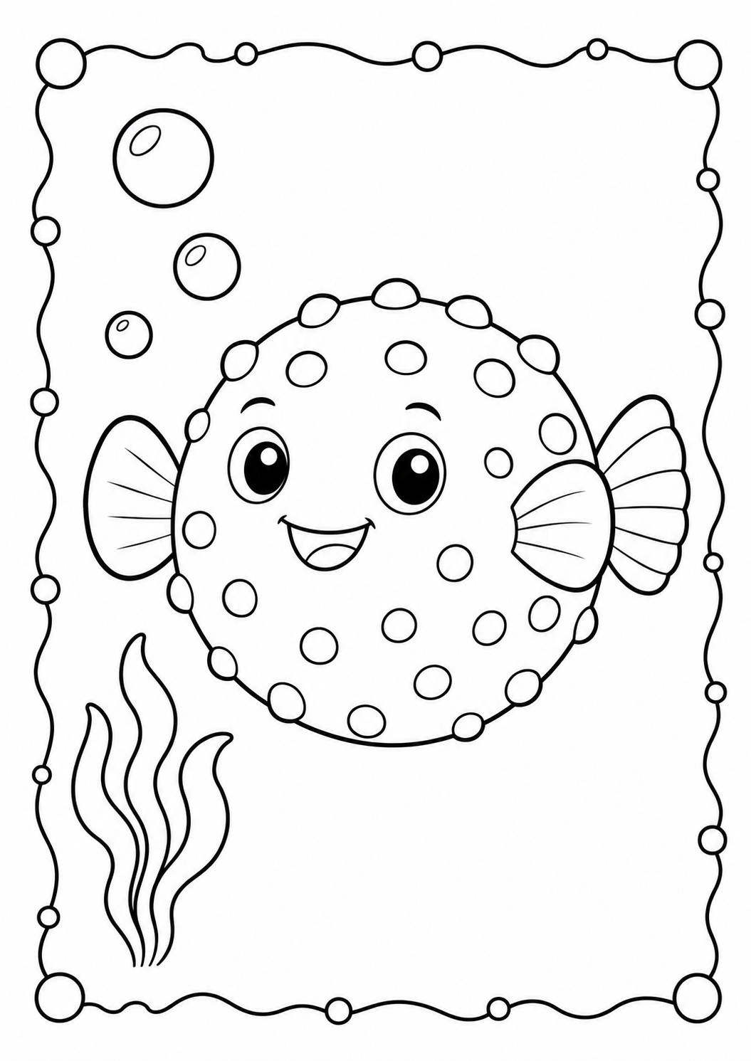 Color a round, spotted pufferfish smiling among bubbles and seaweed. Download this easy free printable ocean-animal coloring page for children ages 3–8.