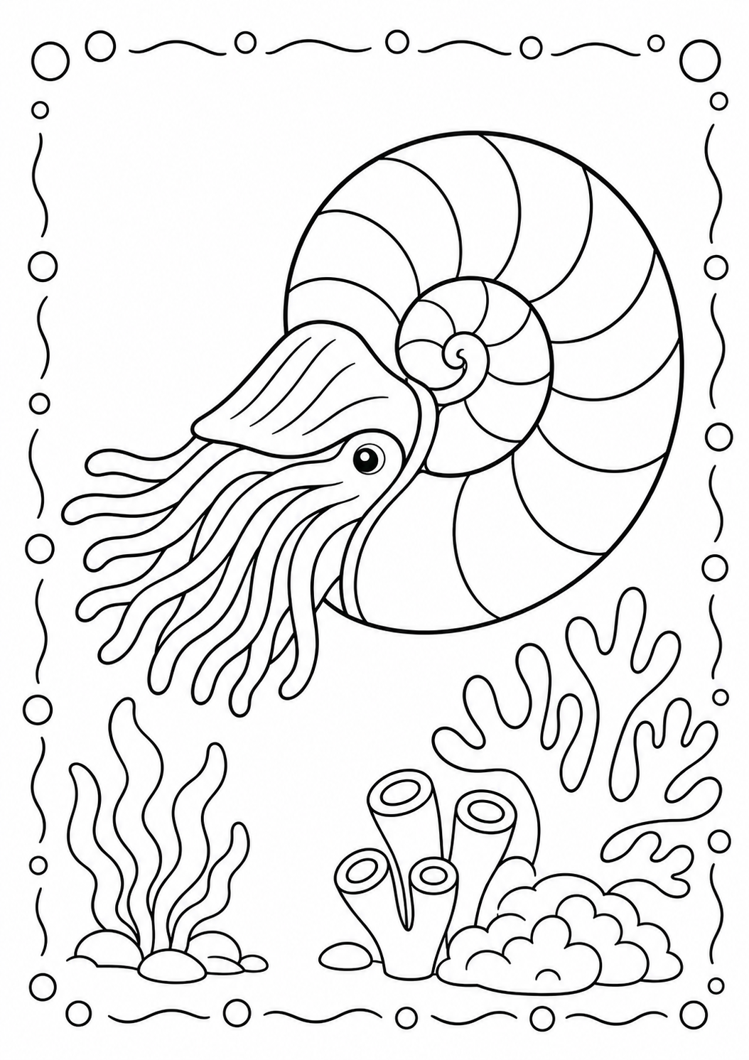 Color a nautilus with its beautiful spiral shell swimming above coral and sea plants. This free printable introduces young artists to ocean life.