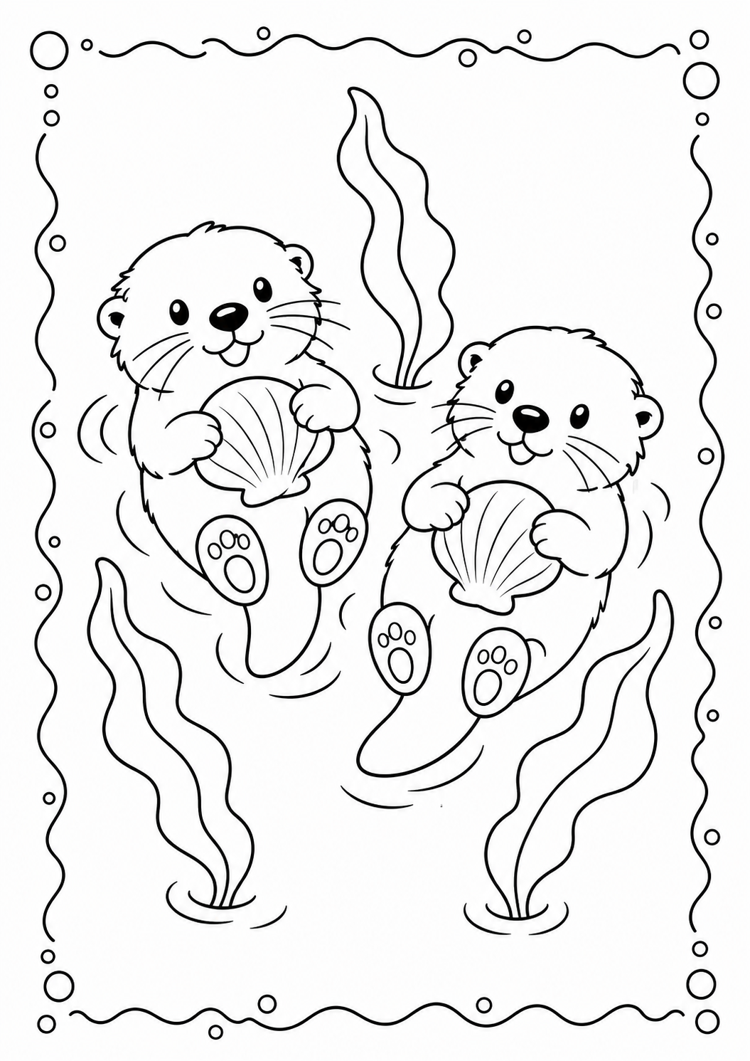 Color two playful sea otters floating among kelp while holding seashells. Download this adorable free printable ocean activity for children ages 3–8.