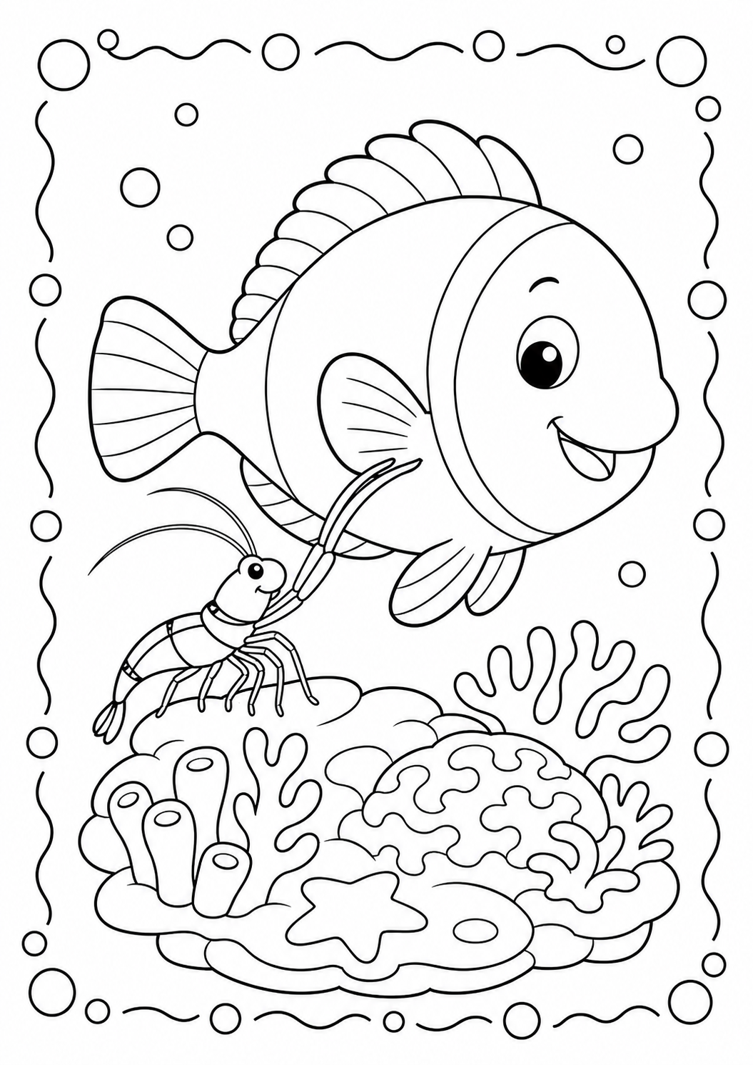 Color a large smiling reef fish and a little shrimp swimming above colorful coral shapes. This free printable underwater scene is for ages 3–8.