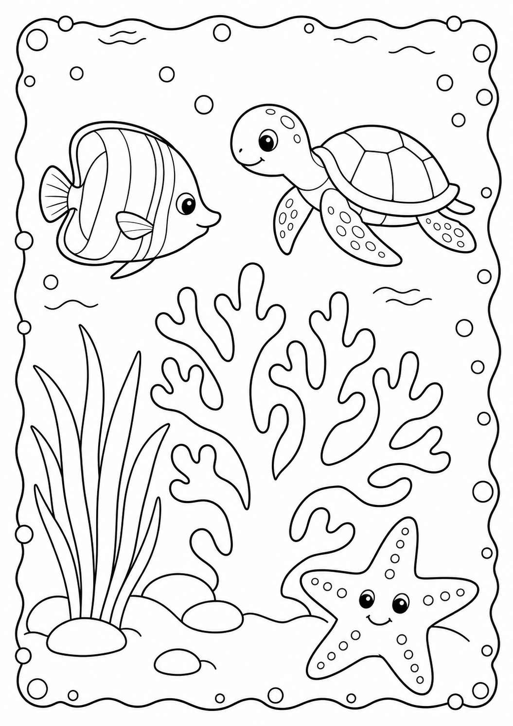 Color a sea turtle meeting a striped fish above coral while a starfish rests below. Download this free printable reef scene for children ages 3–8.