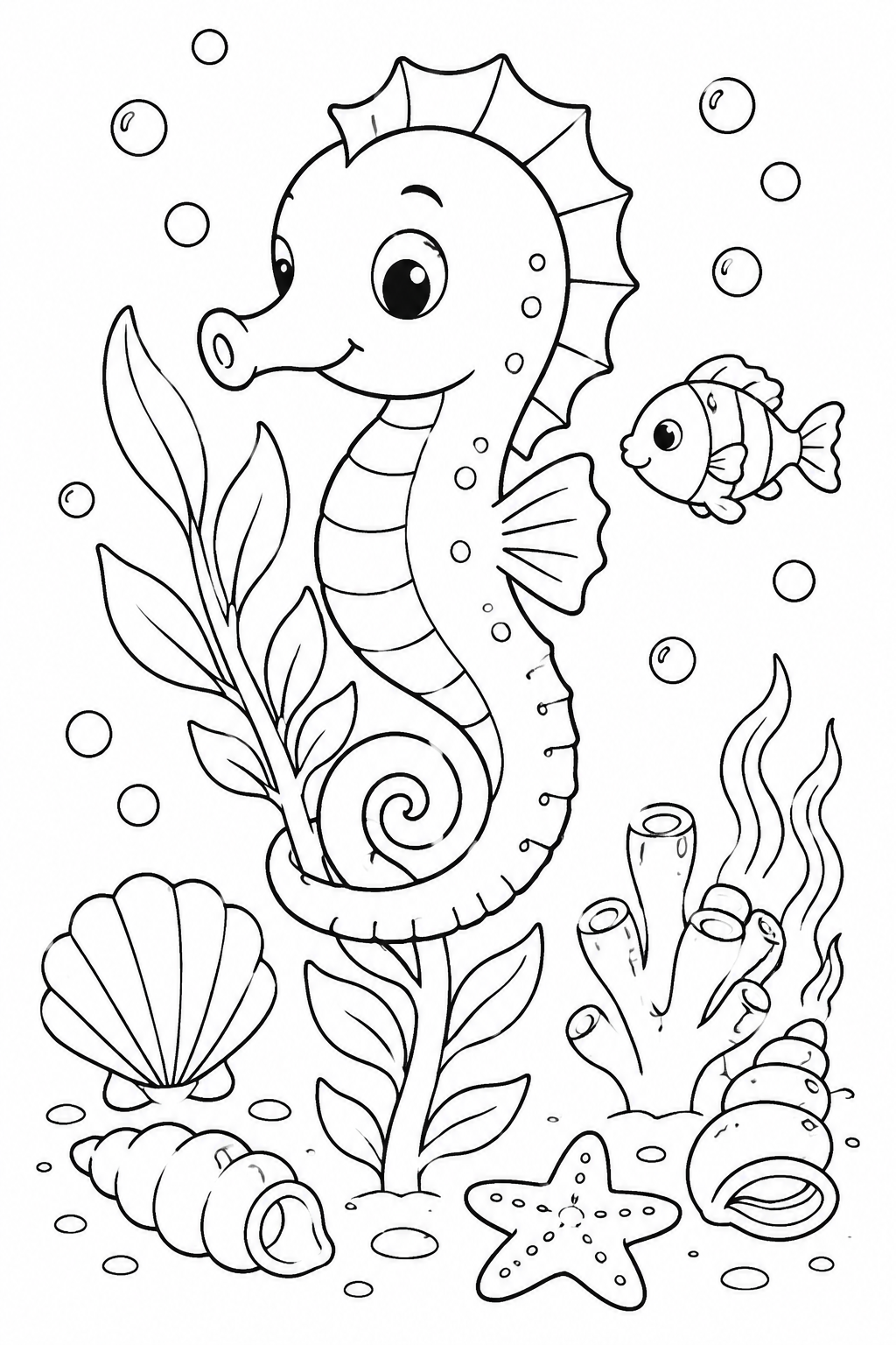 Color a cheerful seahorse curled around a sea plant with bubbles, shells and a tiny fish.