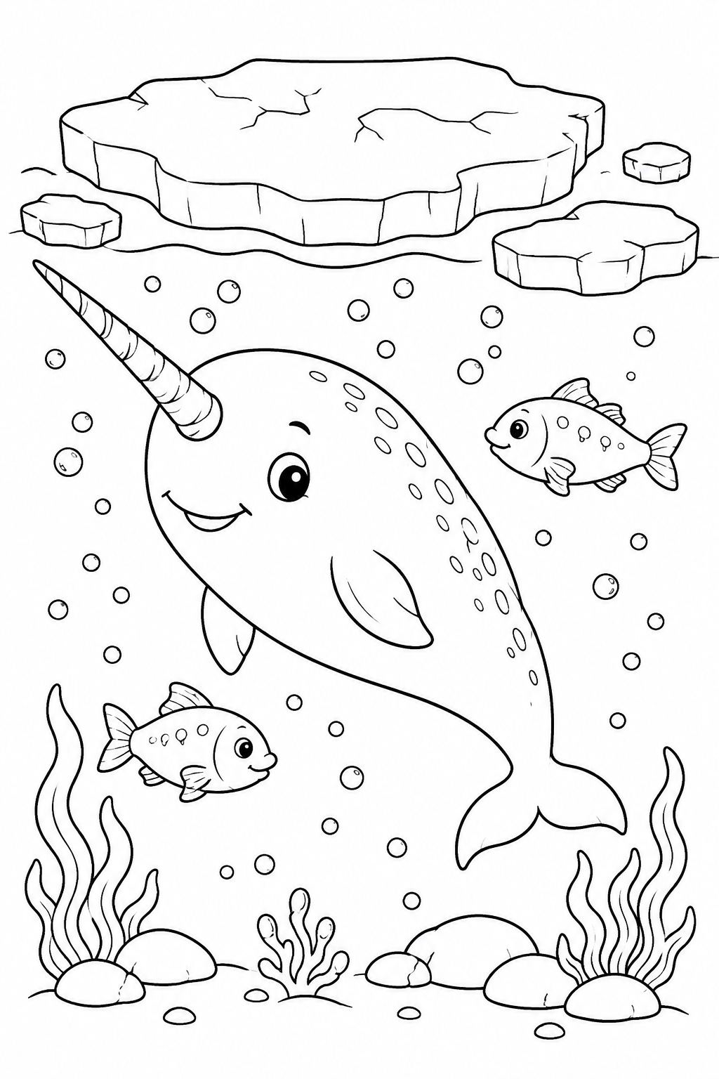 Color a smiling narwhal swimming beneath floating Arctic ice with two friendly fish.
