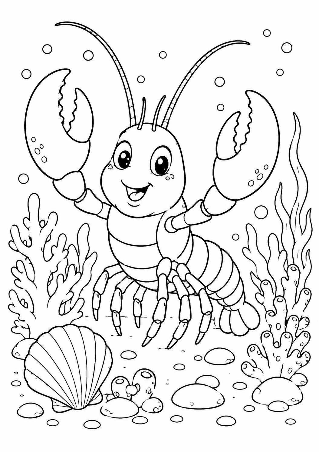 Color a smiling lobster standing among coral, pebbles and a large seashell.