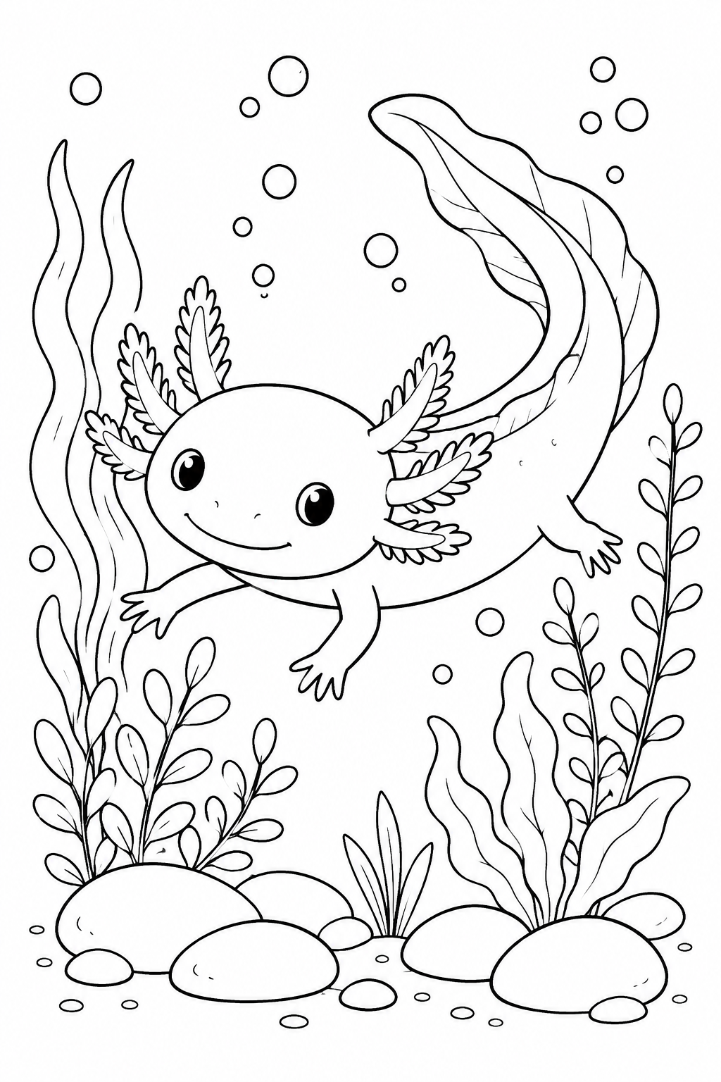 Color a cute axolotl swimming among water plants, bubbles and smooth stones.