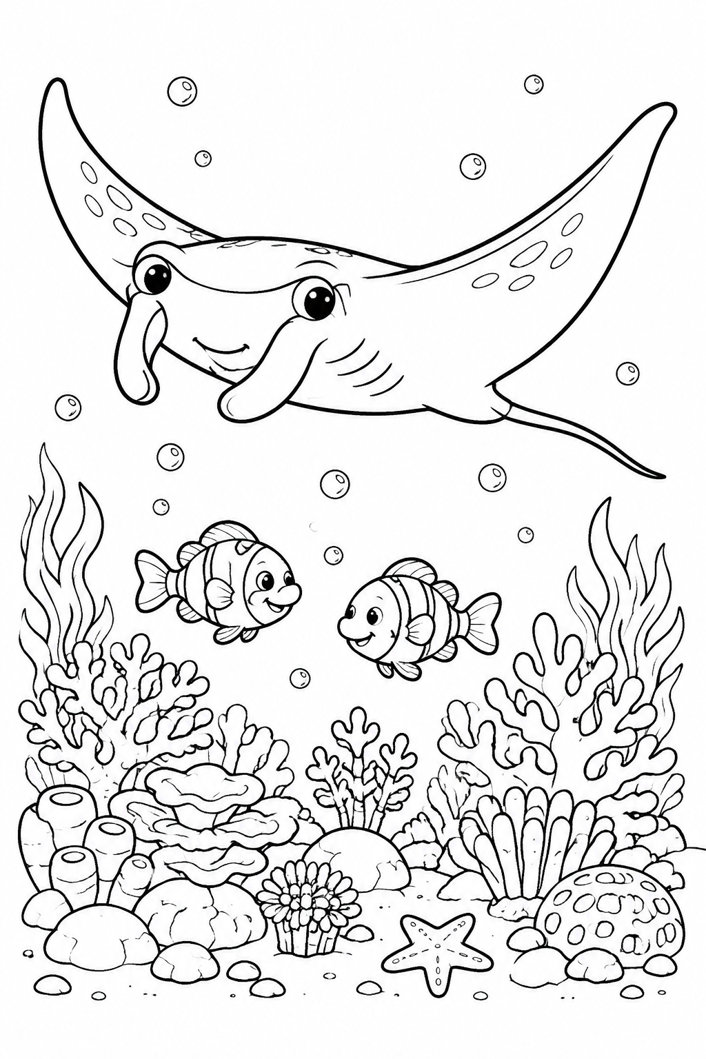 Color a graceful manta ray gliding above a lively coral reef and two little fish.
