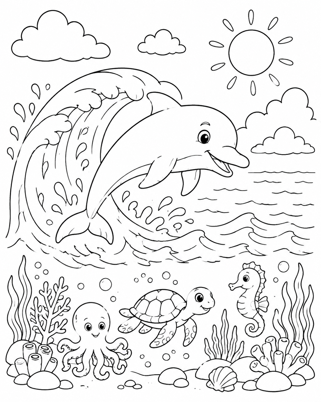 Color a playful dolphin leaping through a sunny ocean wave above friendly reef animals.