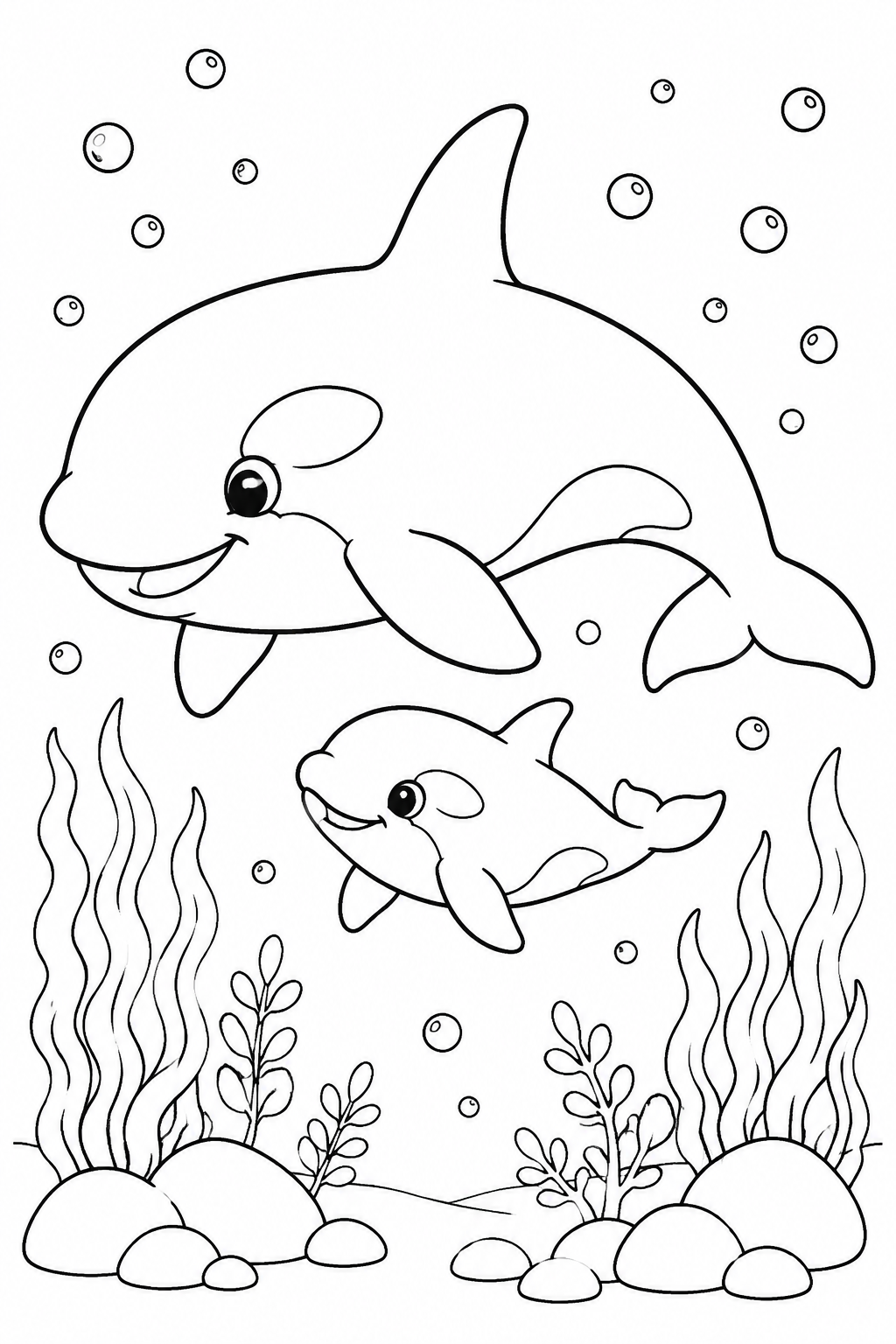 Color a friendly orca swimming with its calf among bubbles, seaweed and rocks.