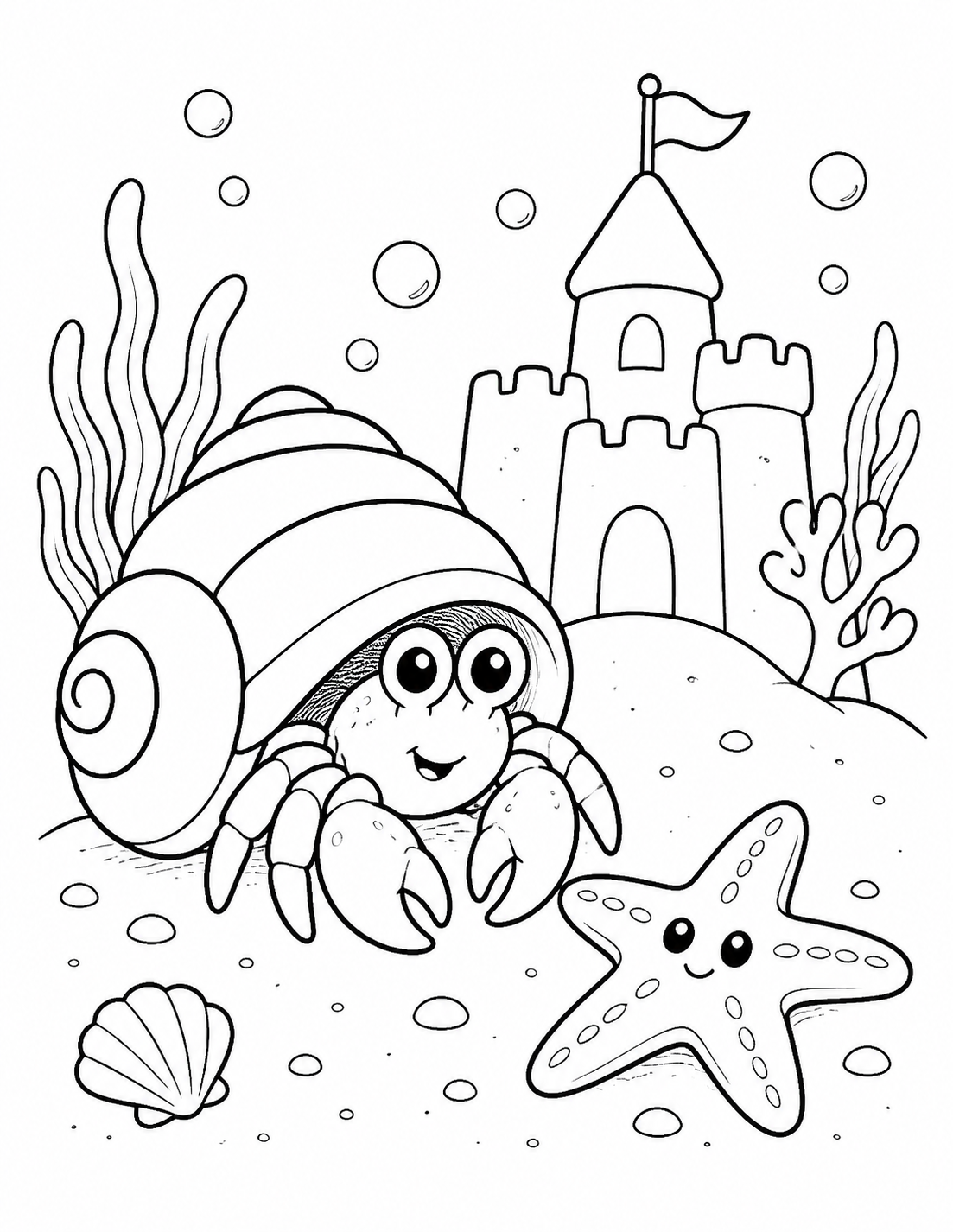 Color a cute hermit crab peeking from its spiral shell beside a sandcastle and starfish.