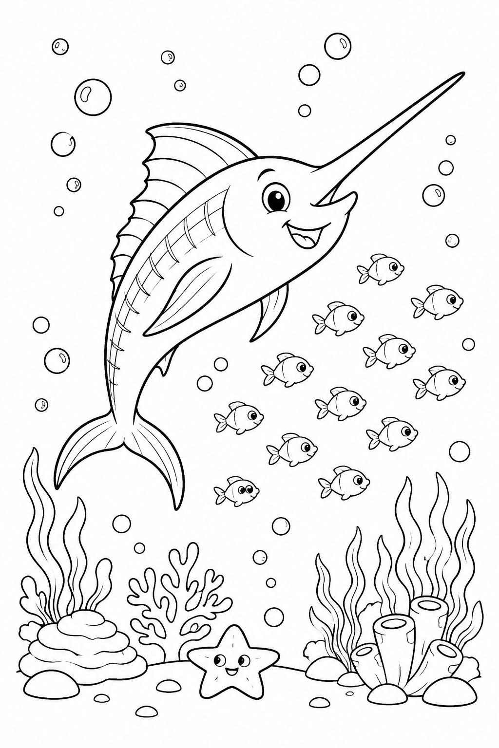 Color a cheerful swordfish swimming through bubbles with a school of tiny fish.