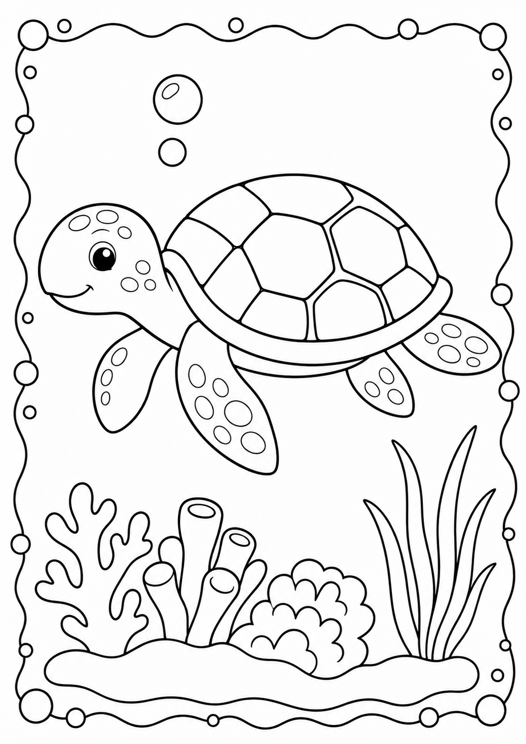 Color a sea turtle and tropical fish exploring coral, sea grass and a starfish. This free printable ocean habitat page is designed for ages 3–8.