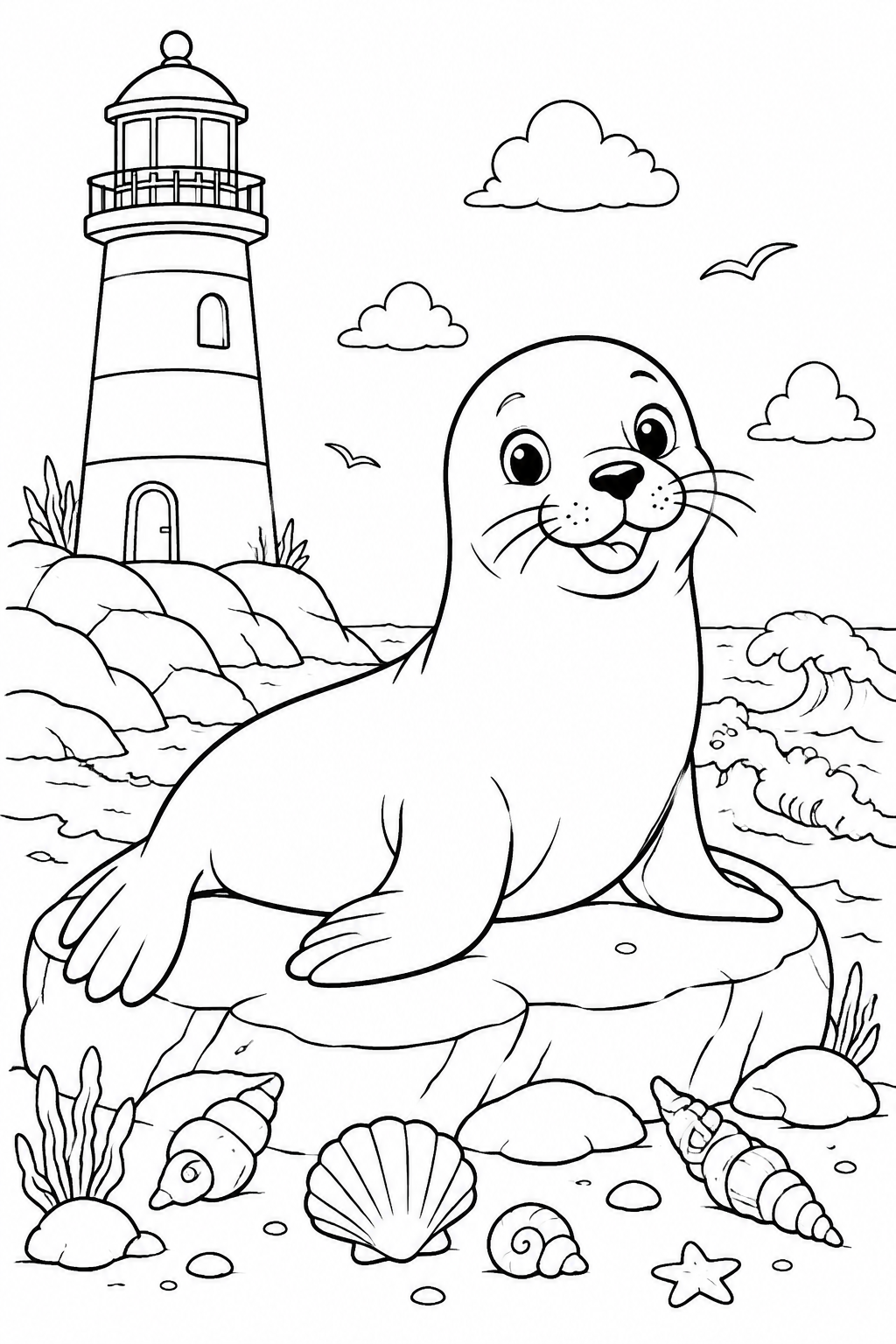 Color a smiling sea lion resting on a rocky shore beside a lighthouse and rolling waves.