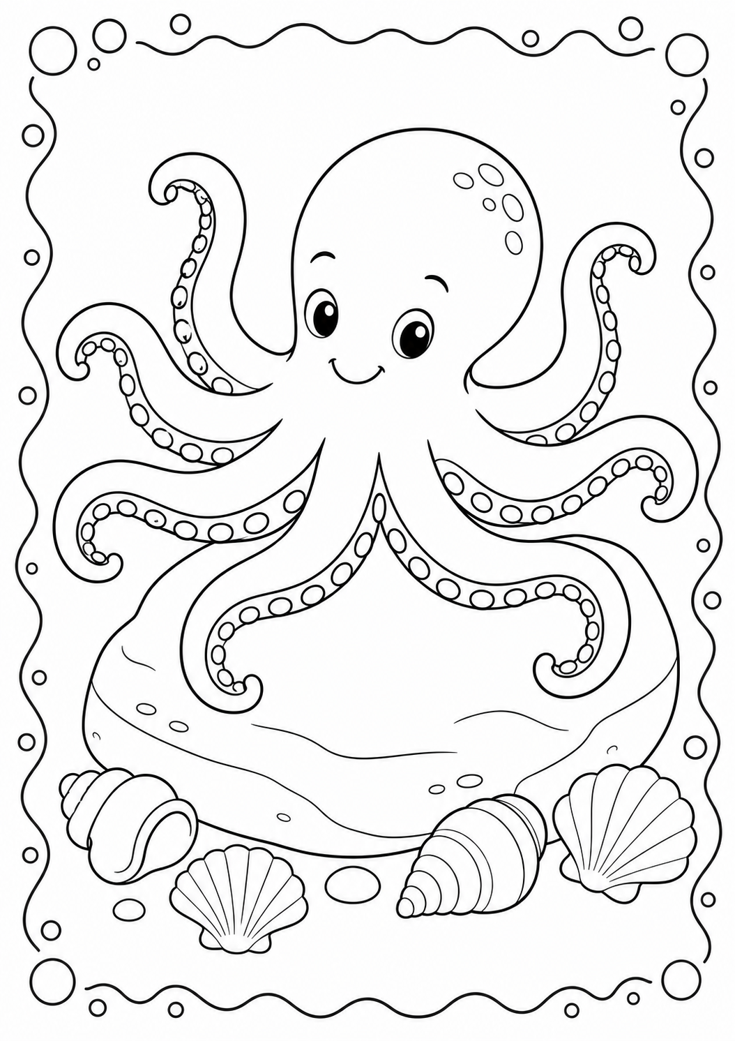 Color a friendly octopus waving eight curling arms above seashells on the ocean floor. Download this free printable sea-animal page for kids ages 3–8.