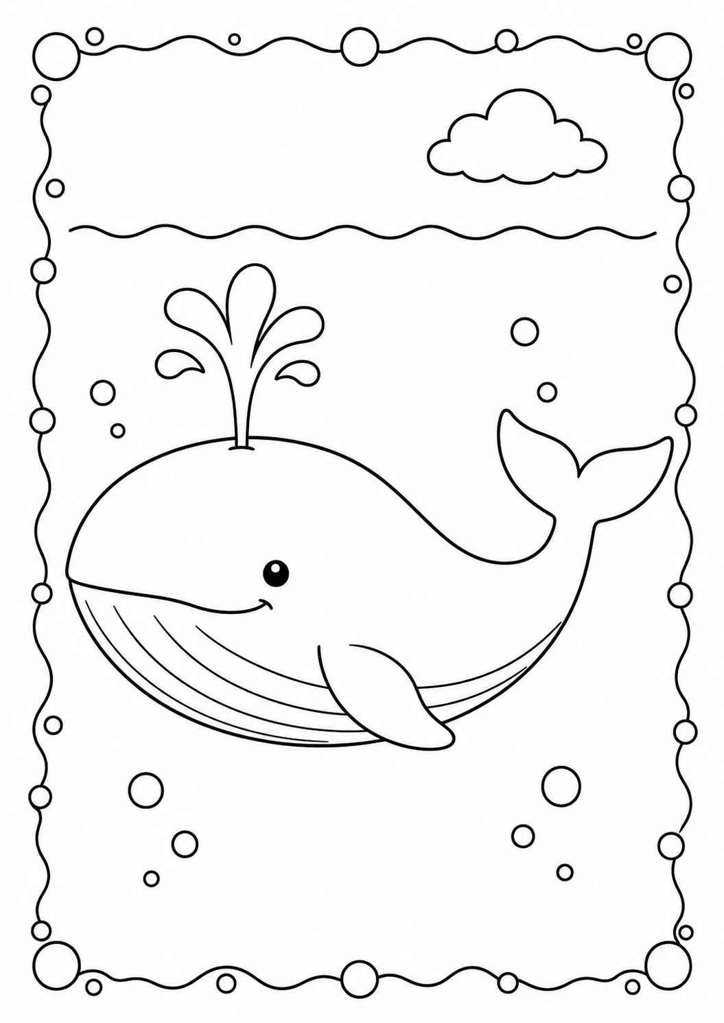 Color a happy whale swimming beneath the clouds and spraying water from its blowhole. This simple free printable is ideal for young artists ages 3–8.