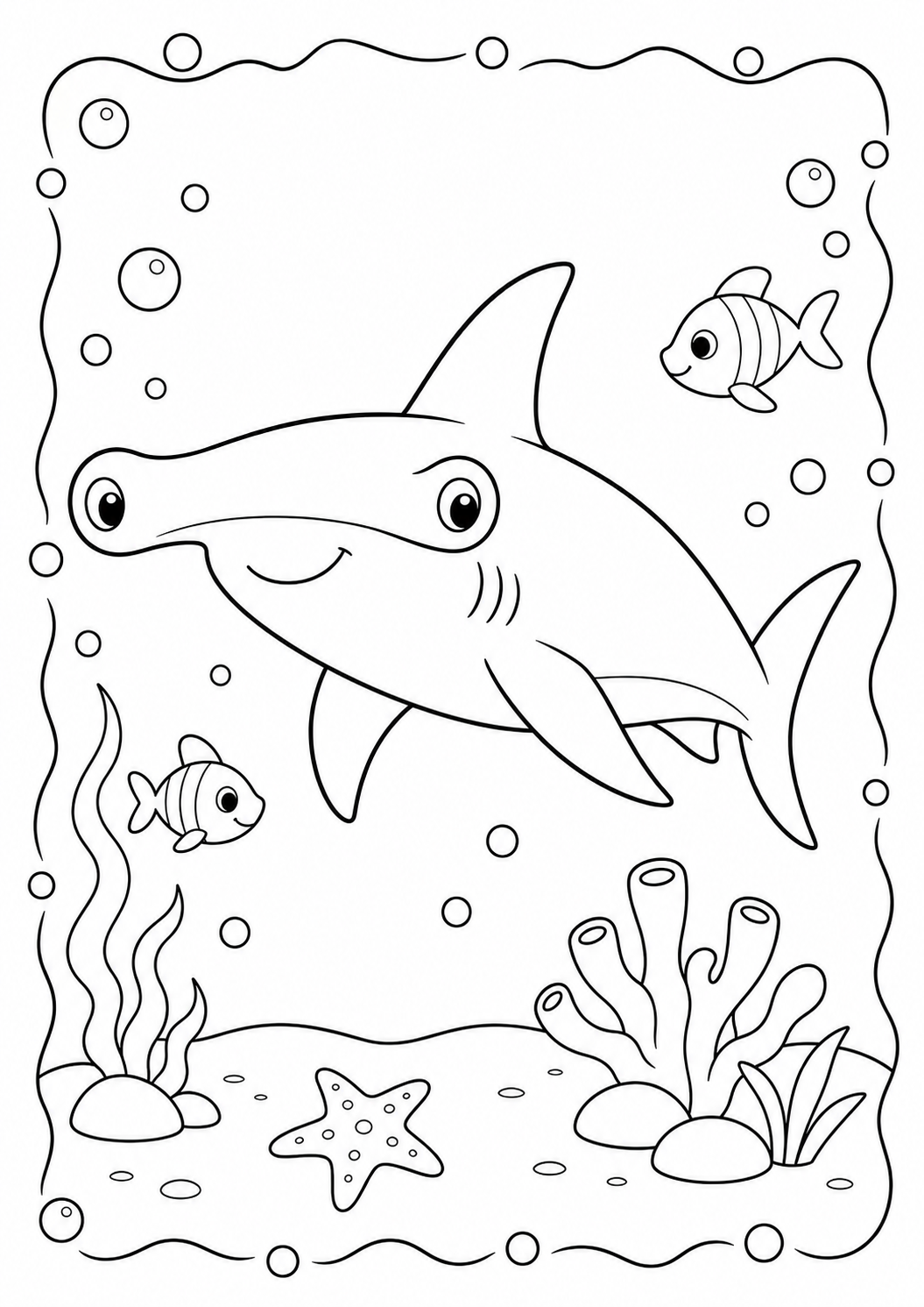 Color a smiling hammerhead shark swimming with little fish above coral and a starfish. Download this free printable shark page for children ages 3–8.