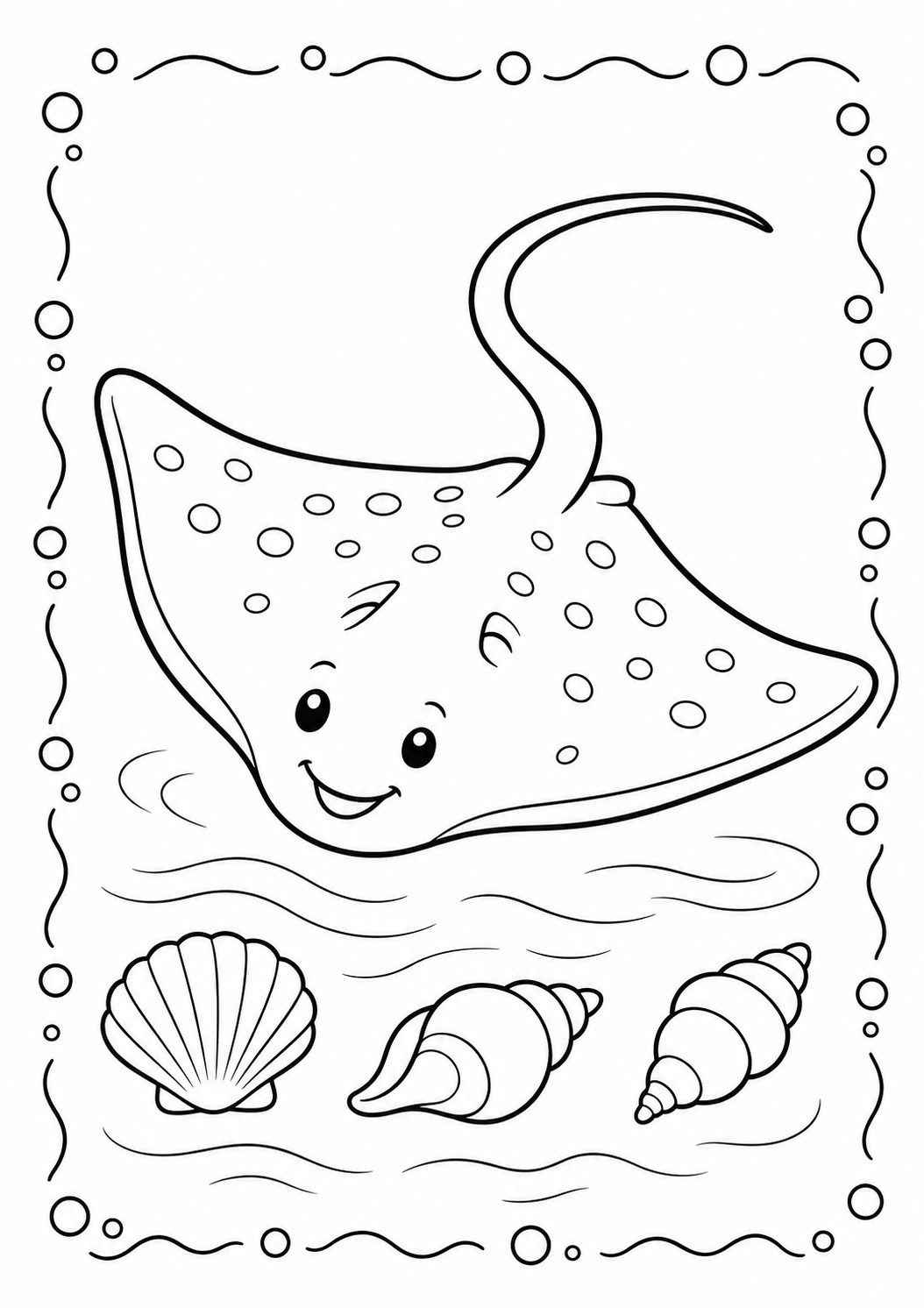 Color a cheerful spotted stingray gliding over waves and seashells. This free printable ray coloring page offers ocean-themed fun for kids ages 3–8.