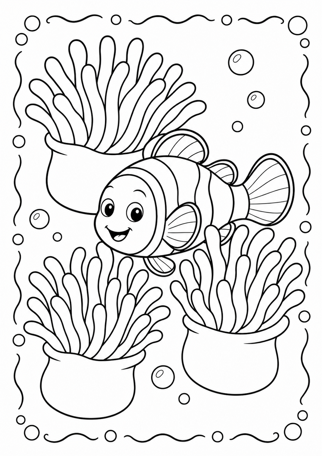 Color a smiling striped clownfish swimming among waving sea anemones and bubbles. Download this free printable coral-reef activity for ages 3–8.