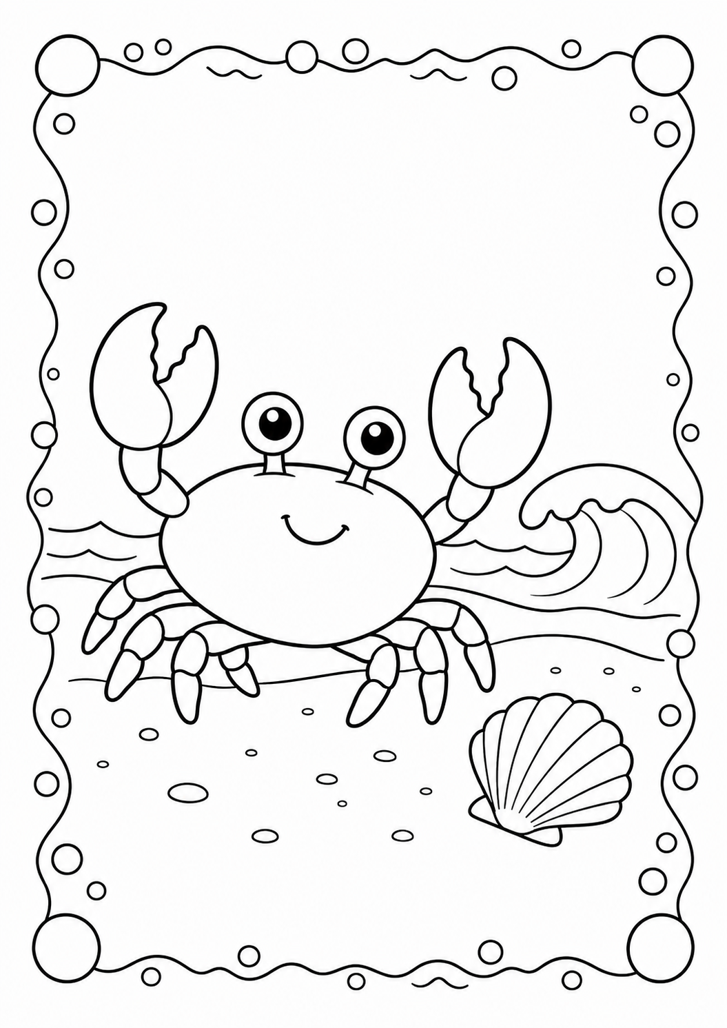 Color a happy crab raising its claws beside an ocean wave and seashell. This easy free printable beach scene is made for children ages 3–8.