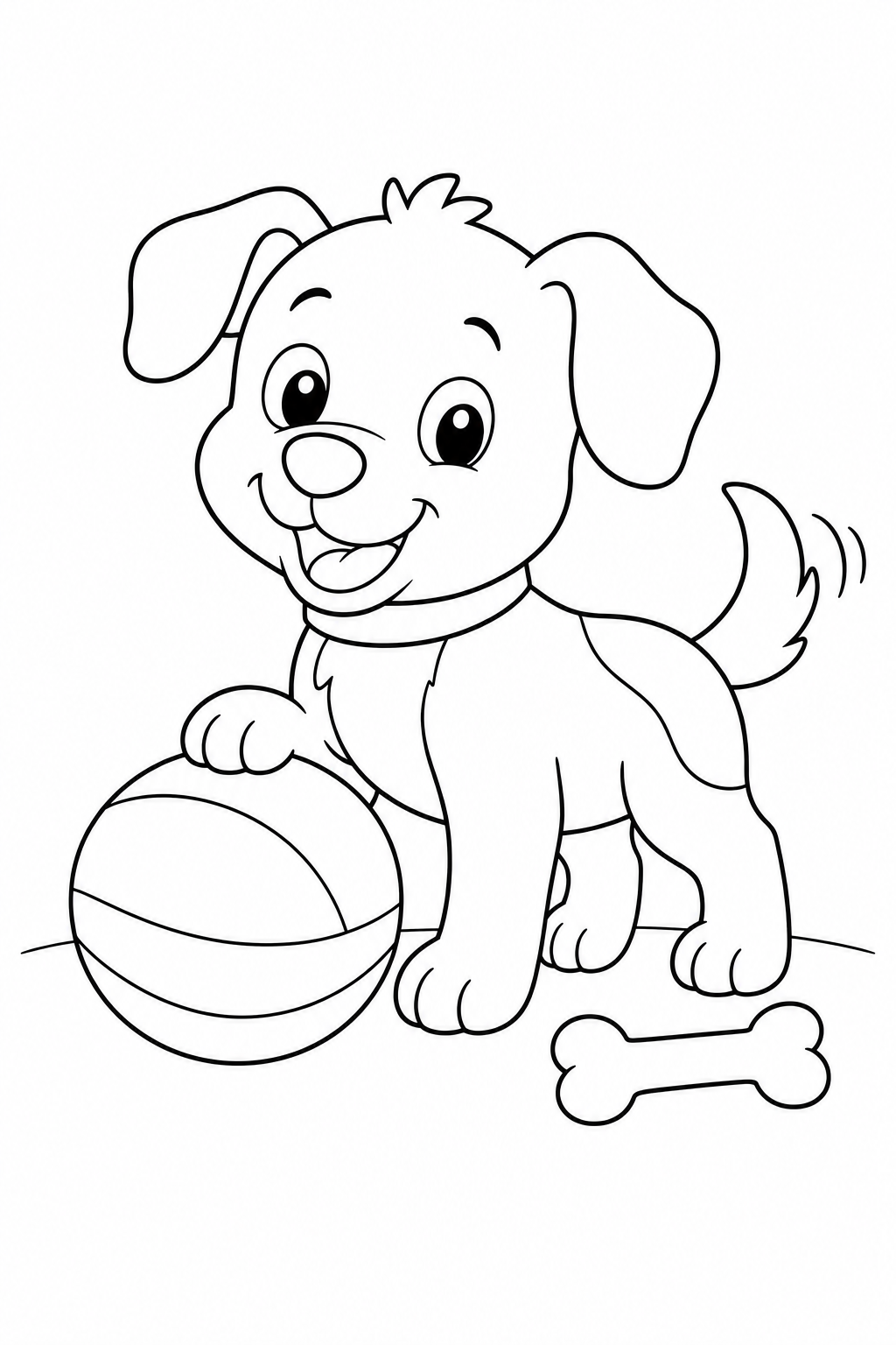 Color a cheerful puppy sitting beside its favorite ball and bone. This free printable is a fun, simple activity for young dog lovers ages 3–7.