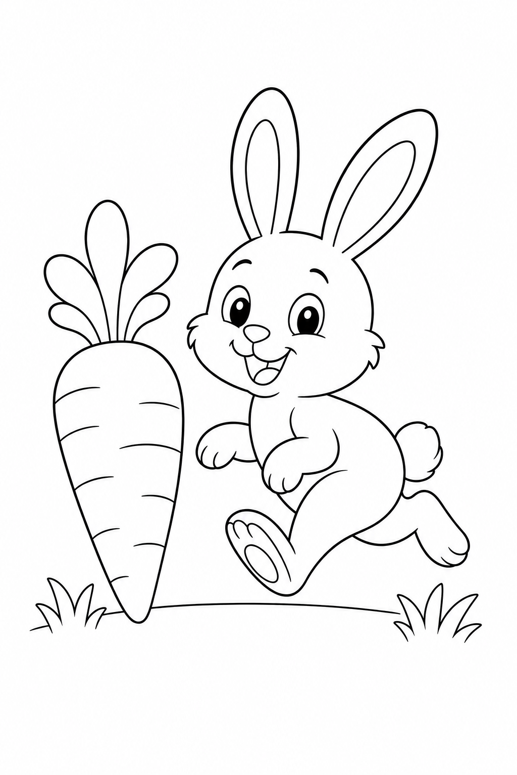 Color a happy rabbit hopping beside a giant carrot. Download this easy free printable bunny coloring page for home, preschool or classroom activities.