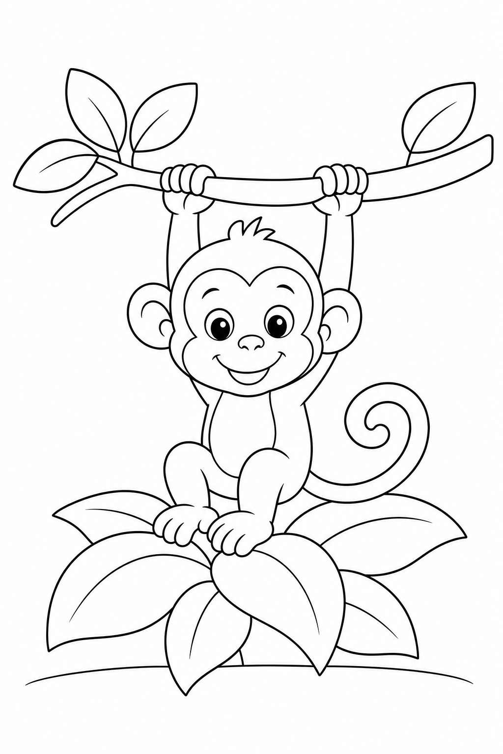 Color a playful little monkey hanging from a leafy branch above jungle plants. This free printable is made for curious young artists ages 3–7.