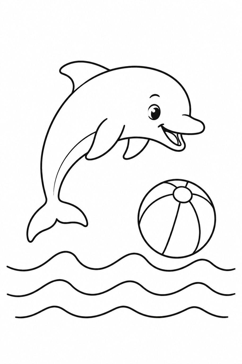 Color a joyful dolphin leaping through the waves while balancing a beach ball. Download this free printable ocean-animal page for kids ages 3–7.