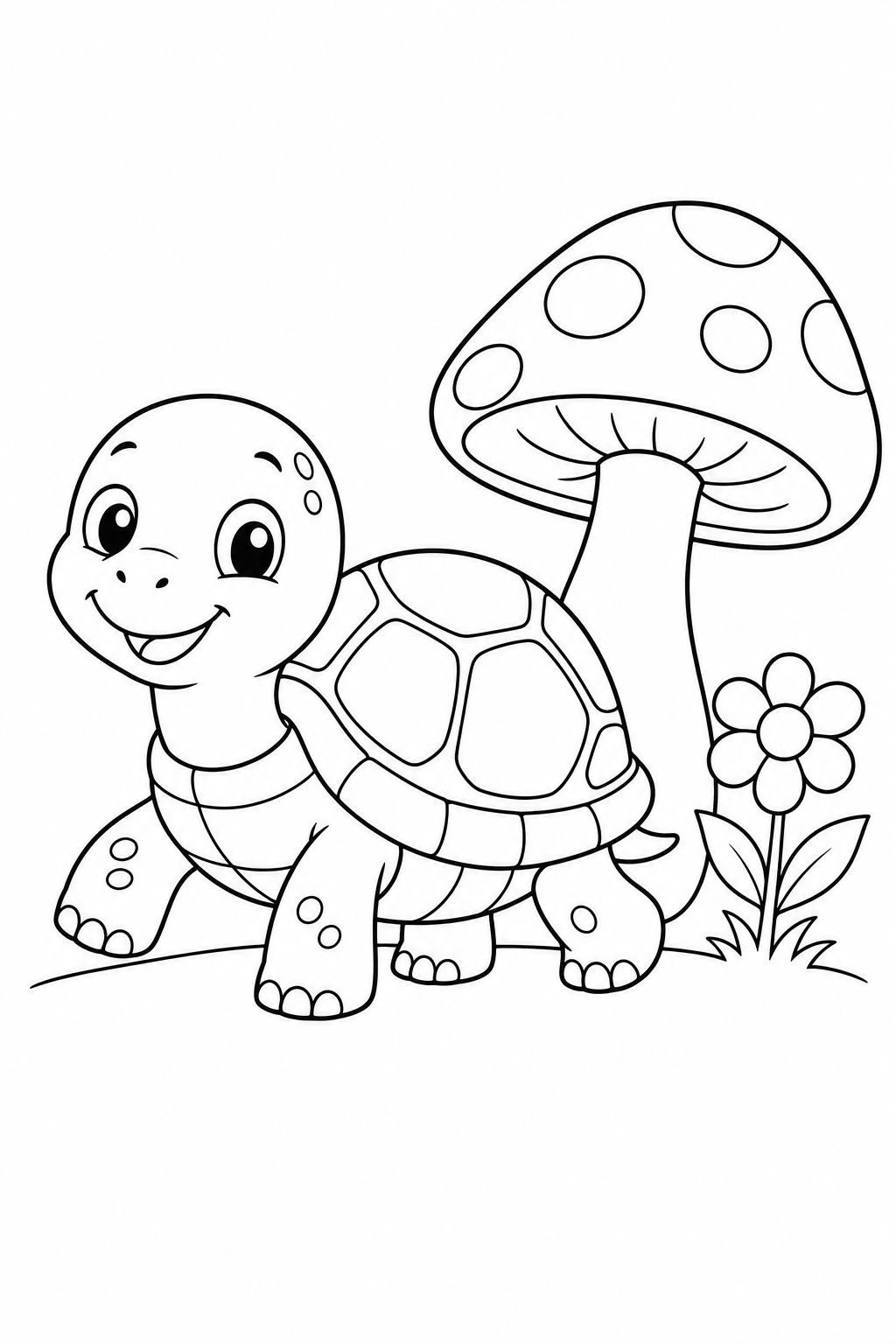 Color a smiling baby turtle exploring beside a tall mushroom and flower. This free printable nature scene is a gentle activity for children ages 3–7.