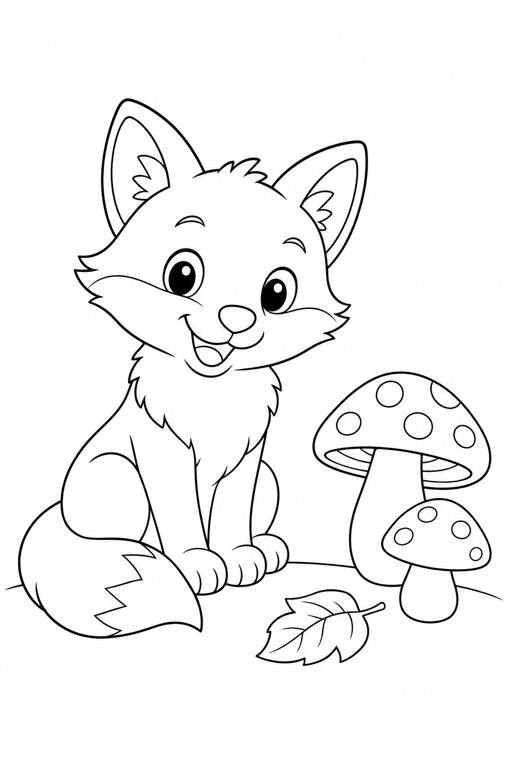 Color a bright-eyed little fox sitting beside woodland mushrooms and a fallen leaf. Download this free printable forest-animal page for ages 3–7.